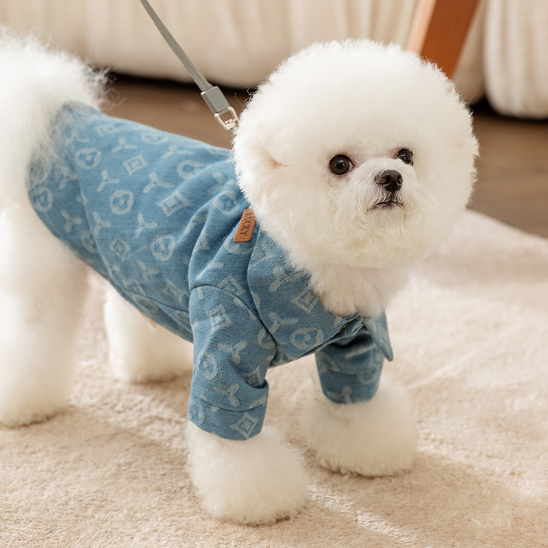 Azul Jacquard de tracción cuello alto ropa de mezclilla primavera y otoño salida gruesa tracción de dos patas ropa de perro para mascotas Nuevo