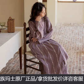 族玛士睡裙女春秋冬季纯棉纱布长裙宽松大码甜美家居服睡衣180