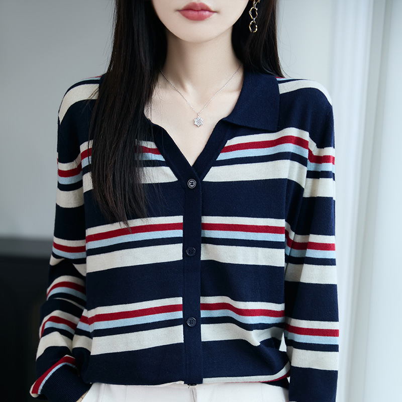 New Autumn Collection Fine-Spun Wool Cardigan Jacket for Women, Color-Block Striped Knitwear, Loose Fit, Slimming Casual Long-Sleeve Top