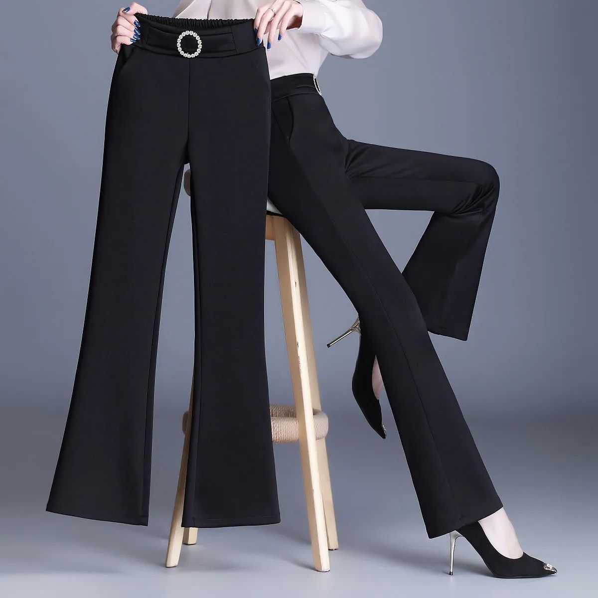 2025 Spring/Summer Women's High-Waisted Slim Fit Black Versatile Flared Suit Pants with Drape and Elastic Waist for Casual Wear