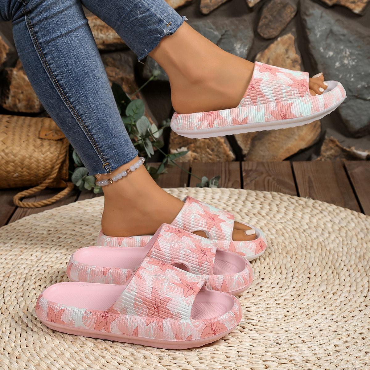 Summer Thick-Soled Floral Print Sandals for Home and Outdoor Use, Same Style Eva Slippers for Men and Women for Couples
