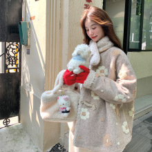 设计感立体花朵羊羔毛羽绒服女2024冬小个子保暖加厚90白鸭绒外套