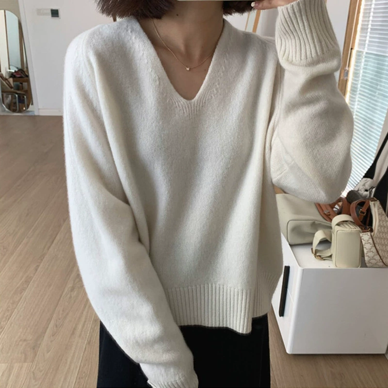 V-образный вырез вязаный свитер, девушки-подростки, короткий oversize тело, мягкий повседневный универсальный размер