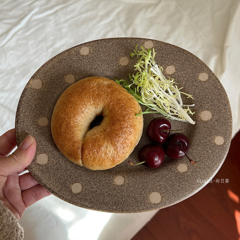 Cute Handmade Polka Dot Ceramic Plate, High Aesthetic Oval Plate, Dessert Plate, Household Dish Plate, Retro Rustic Ceramic Tableware Set