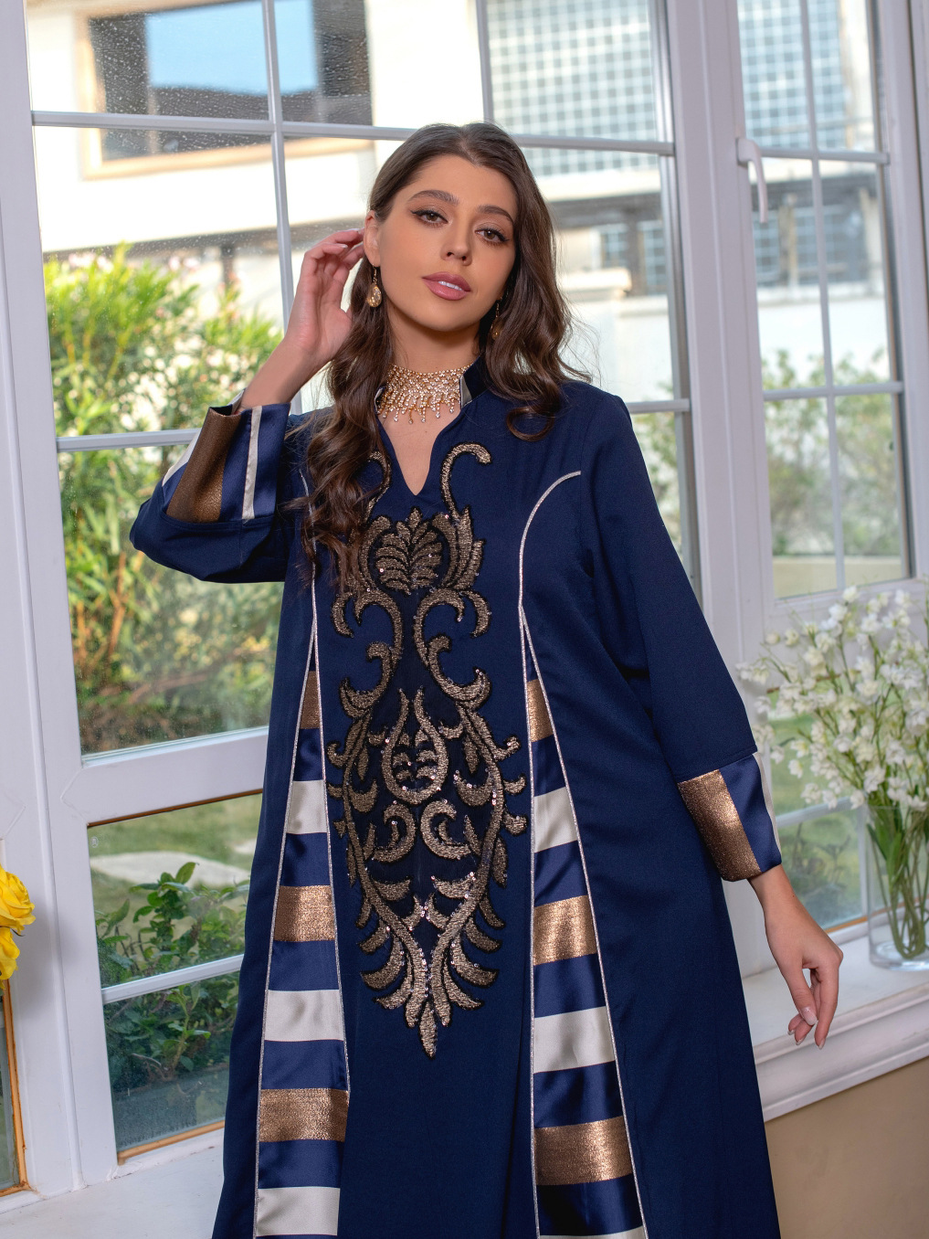 AB052跨境外贸中东女装绣花条纹abaya穆斯林阿拉伯迪拜muslim长袍详情14
