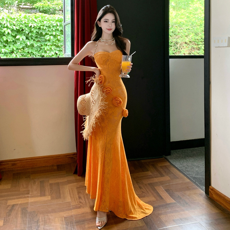 French-Style Stunning Atmosphere Pure Desire Three-Dimensional Floral Strapless Dress Sexy Slim-Fit Mermaid Bodycon Long Dress French-Style Stunning Atmosphere Pure Desire Three-Dimensional Floral Strapless Dress Sexy Slim-Fit Mermaid Bodycon Long Dress