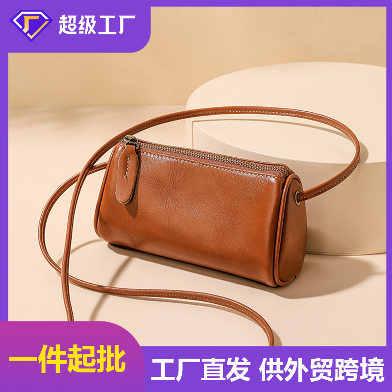 Cross-Border First-Layer Cowhide Leather Bag, Single-Shoulder Women's Crossbody Bag, New Genuine Leather Bag, Retro Mobile Phone Bag, Commuter Pillow Bag