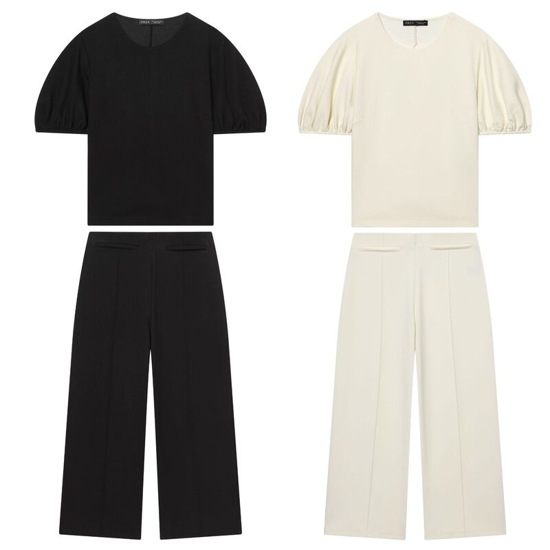 European and American Cross-Border Women's Clothing Wholesale Women's Round Neck Puff Sleeve Top Mid-Waist Casual Puffy Wide-Leg Pants Set