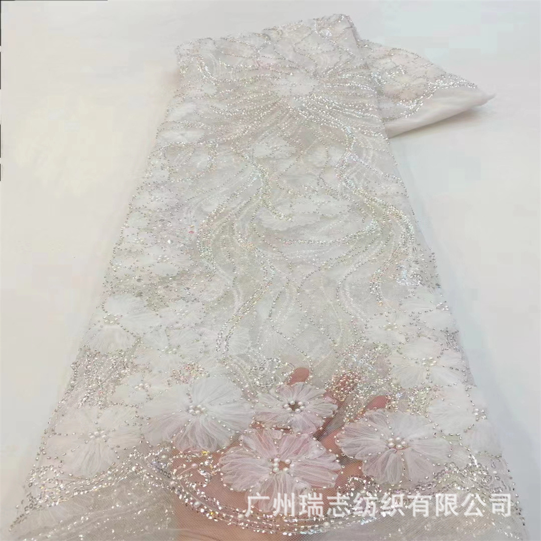 Vestido de boda francés con bordado floral sequinilla cuentas tejido de encaje bridal 3D tela de encaje