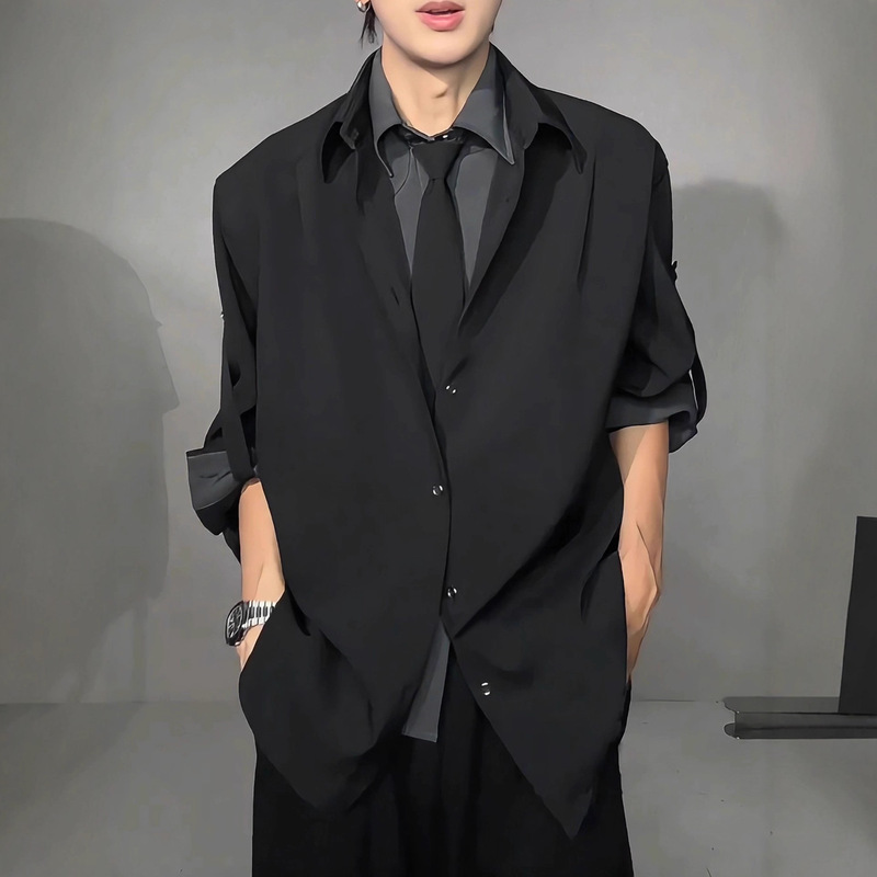 Fake Two-Piece Spliced ​​Tie Design Shirt Men's Early Autum High-End Shirt Jacket Handsome Casual Suit