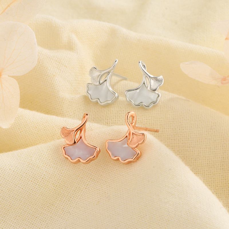 s925鍍銀杏葉耳釘女森系白貝耳環小清新氣質百搭耳飾品一件代發