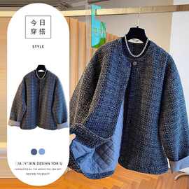 新品加厚粗花呢外套毛呢秋冬新款宽松短款夹棉呢子大衣图片色百搭