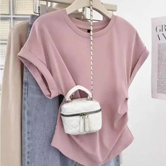 大きいサイズの婦人服の袖なしのtシャツの女性の夏のデザイン感の小さい大衆のゆったりしている太ったmm2-300斤の小さい飛袖の半袖の上着