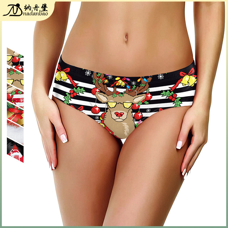 2024 New Christmas Panties Feminine Lace Pattern Printed Briefs Christmas Elk Digital Printed Panties