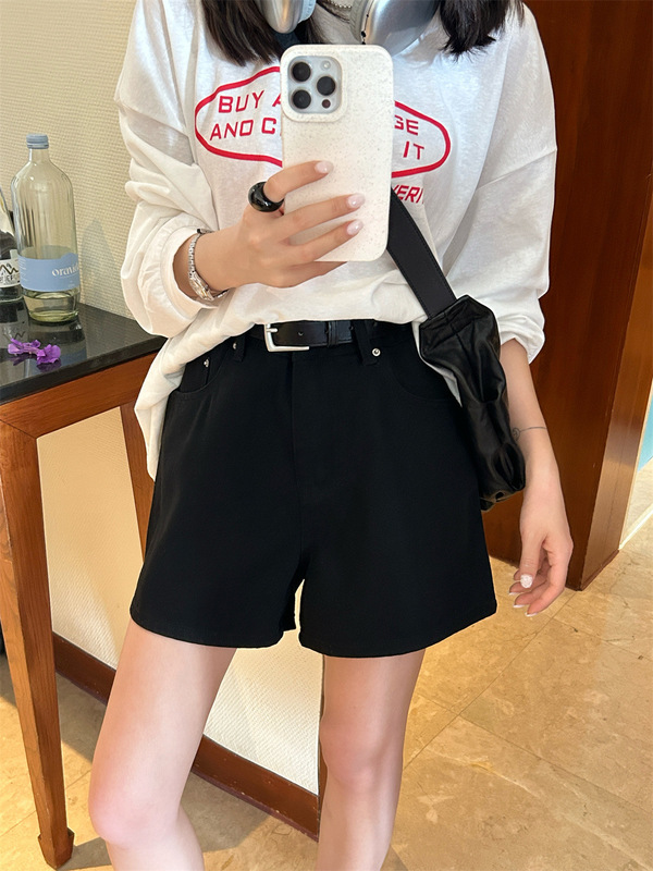 水洗夏季新款深蓝色高腰阔腿牛仔短裤女A字阔腿遮肉显瘦休闲热裤|undefined