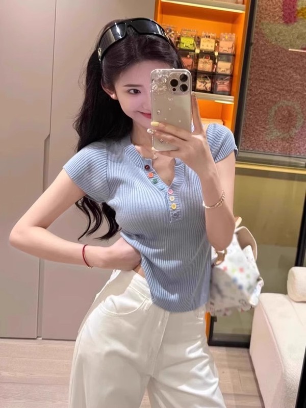 6723 # 韓国ドーパミンウェアカラーボタン右肩ピンクTシャツレディース夏スリムショートVネック|undefined