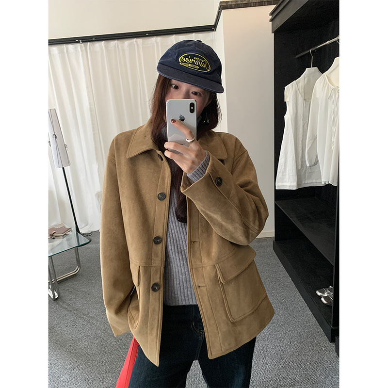 Huang Zheng Retro Maillard Suede Suit Jacket Women's Autumn and Winter Motorcycle Suit Mid-Length Casual Coat 541072