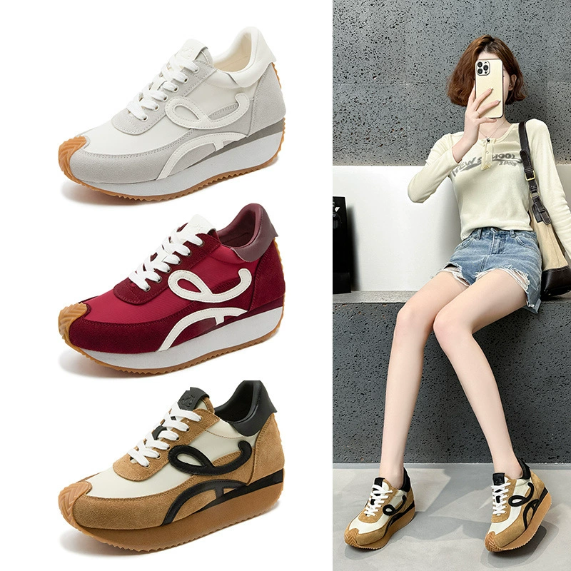 Женские новые весенне-летние дышащие повседневные туфли на платформе 2025 года с внутренним увеличением высоты на 7 см, модные туфли на толстой подошве, которые помогают сделать ноги казаться меньшими.