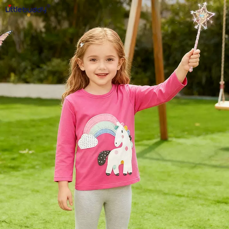 25秋季新品女童t恤欧美风独角兽印花儿童T恤针织棉长袖儿童打底衫