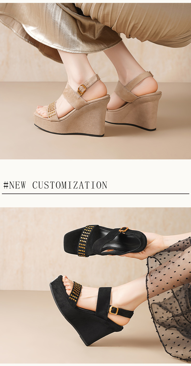 Sandal cao gót nữ mũi vuông hở ngón, đế xuồng 10 cm, phong cách La Mã đinh tán — màu đen, màu mơ chi tiết 3