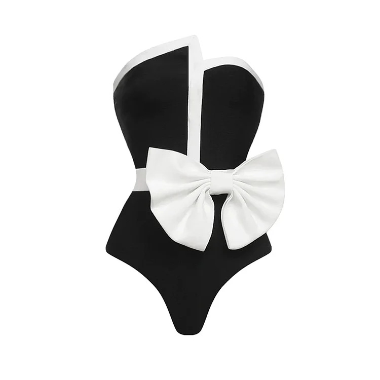 GraceChic Black White Color Block Bowknot Strapless High-End One-Piece Swimsuit Set For Women 2024 European And American Swimwear_voghion.com