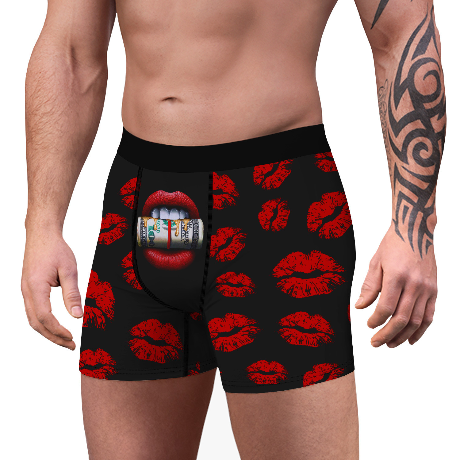 Intimo sexy da uomo con stampa digitale New Bite Finger Red Lip, leggings piatti comodi e traspiranti_voghion.com