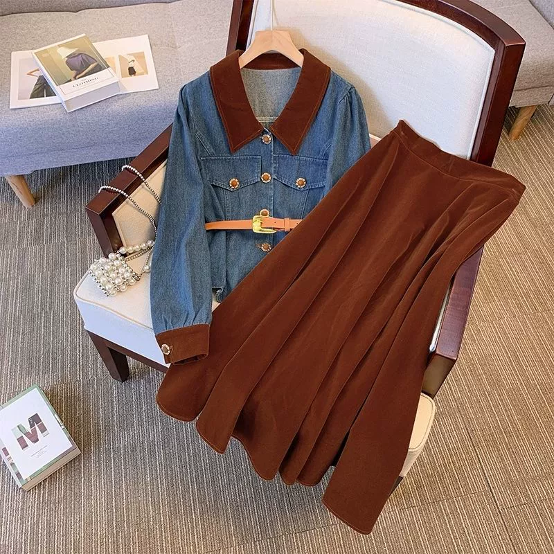 Ретро маленькое ароматное платье темперамент высокая талия тонкая джинсовая рубашка из двух частей женский осень и зима 2024