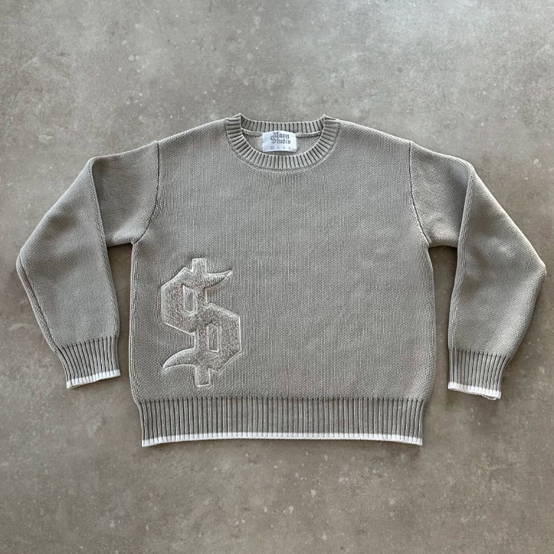 European and American Cross-Border Y2K Gray Long-Sleeved Knitwear Gothic Embroidered Pullover Gothic Retro Casual Knitwear European and American Cross-Border Y2K Gray Long-Sleeved Knitwear Gothic Embroidered Pullover Gothic Retro Casual Knitwear