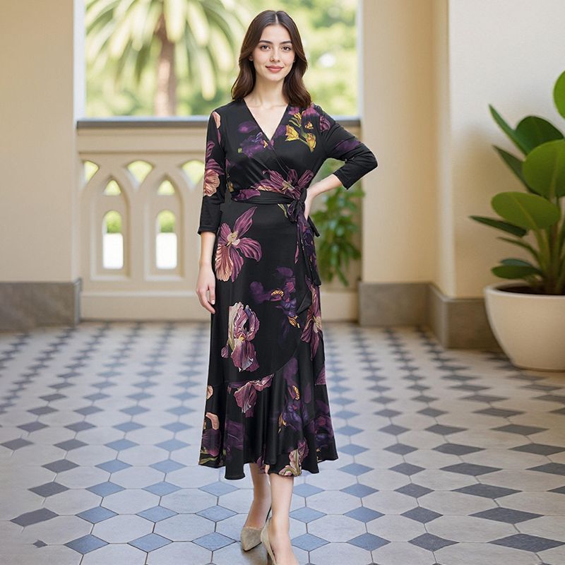 Spring and Summer Retro Floral One-Piece Wrap Dress Slimming Irregular Holiday Style Long Dress 160108