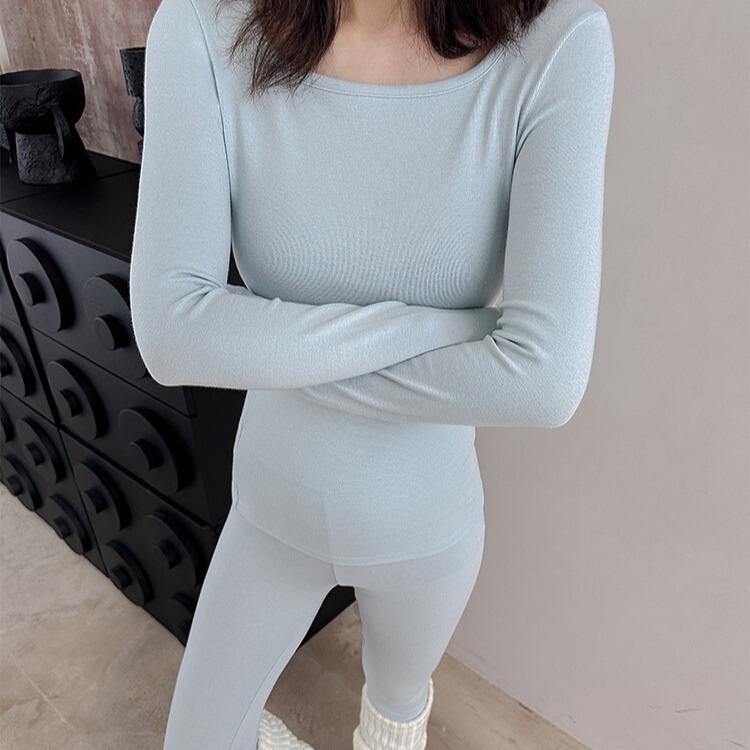 2025 Autumn/Winter Merino Wool Fa Thermal Large Collar Slim Fit High Waist Warm Underwear Set for Women Autumn Top and Bottom