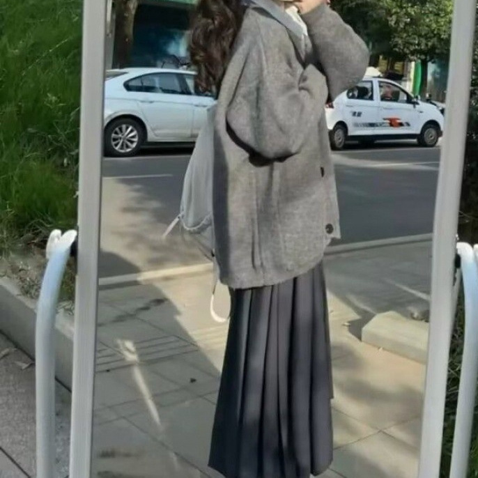 임산부의 가을 세트 한국식 대학 스타일 느슨한 스웨터 카디건 재킷 배꼽 지원 스커트 외국식 투피스 세트