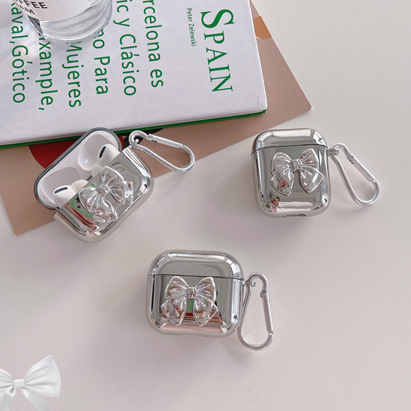 Suitable for Apple Earphone Protective Case Electroplated Silver Bow Airpods Earphone Case Simple High-end Sense Cute