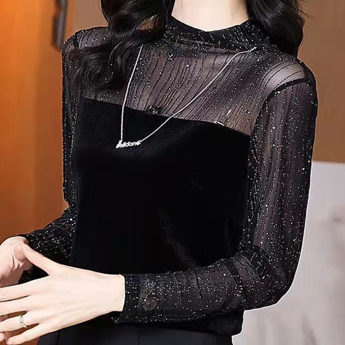 [着用可能 40-85kg] 大きいサイズの女性用長袖トップス、新しいスタイルのメッシュ気質、ファッショナブルなハーフタートルネックボトリングシャツ|undefined