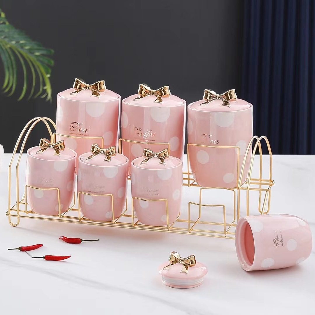 Estilo nórdico creativo Polka Dot regalo cerámica tarro condimento combinación cocina aceite y sal botella de almacenamiento hogar completo caja de almacenamiento