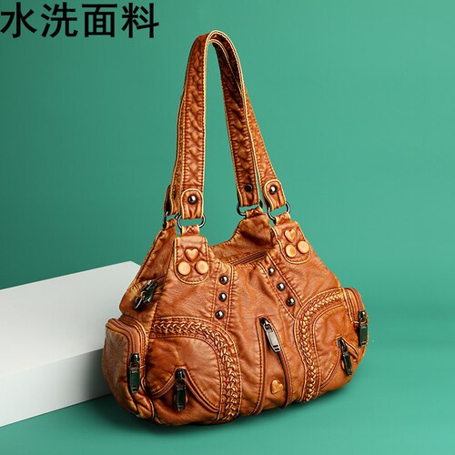 Women's Handbag, Washed Fabric Shoulder Bag, Soft Leather Texture, Retro Fashion, Economical Solid Color Casual Tote Bag