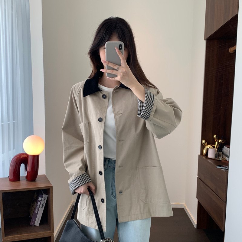 禾家2025早秋新款女装巴恩风小个子中长款外套休闲翻领夹克风衣女|undefined