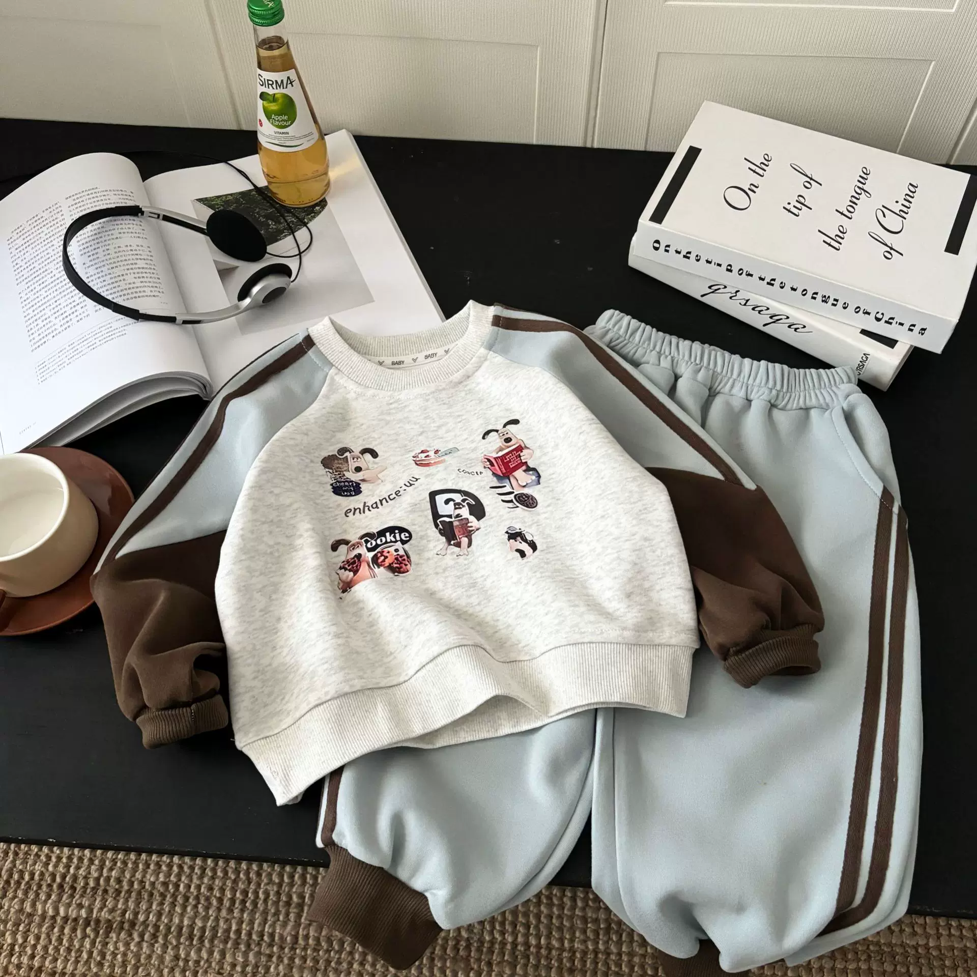 儿童秋季棉质卫衣套装休闲韩版撞色中小童洋气俩件套男女童卡通