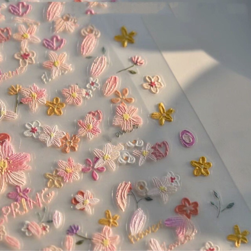 New Manicure Spring Colorful Little Wildflower Manicure Embossed Stickers Romantic Oil Painting Fresh Simple Cute Nail Stickers