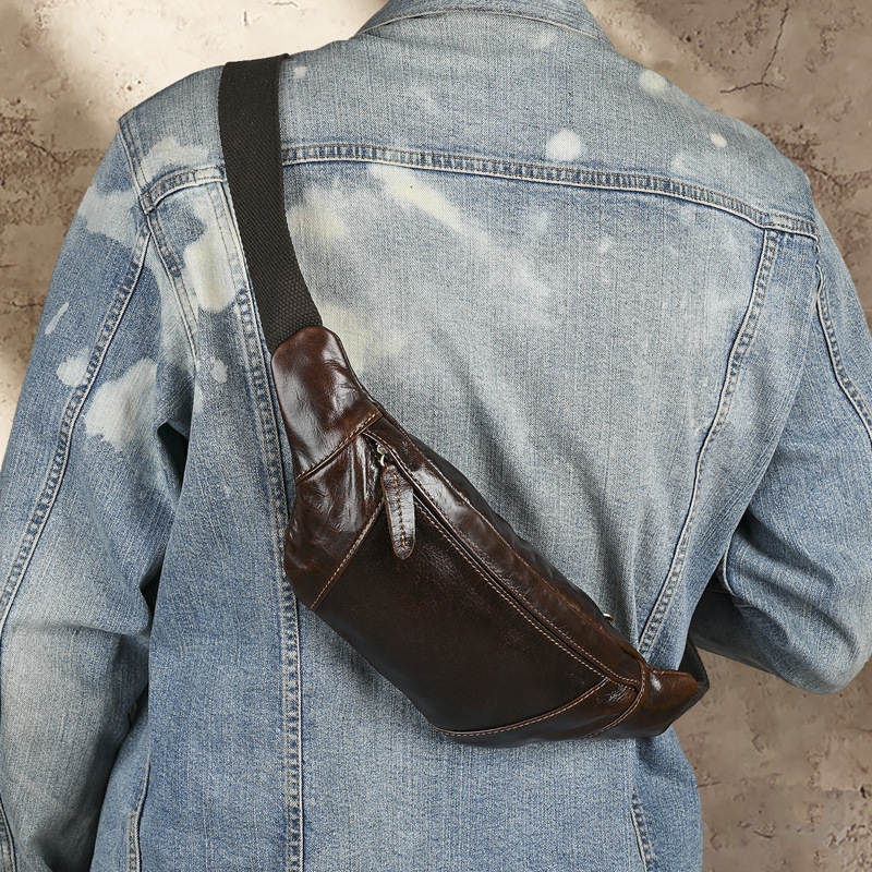 Pecho bolsa de cuero de los hombres primera capa de piel de vaca corriendo retro casual pequeño teléfono móvil bolso de la cintura deportes al aire libre hombro bolsa de mensajero