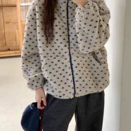 东大门秋冬女装新品韩系百搭小众点点羊羔毛加厚保暖卫衣外套