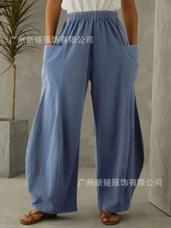 2022春秋跨境欧美亚马逊ebay速卖通wish纯色口袋松紧腰休闲长裤