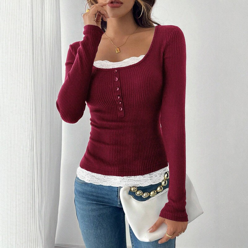 2025 New Style European and American Style Square Collar Buttoned Lace Splicing Slim Fit Knitted Long-Sleeved Top for Women 2025 New Style European and American Style Square Collar Buttoned Lace Splicing Slim Fit Knitted Long-Sleeved Top for Women