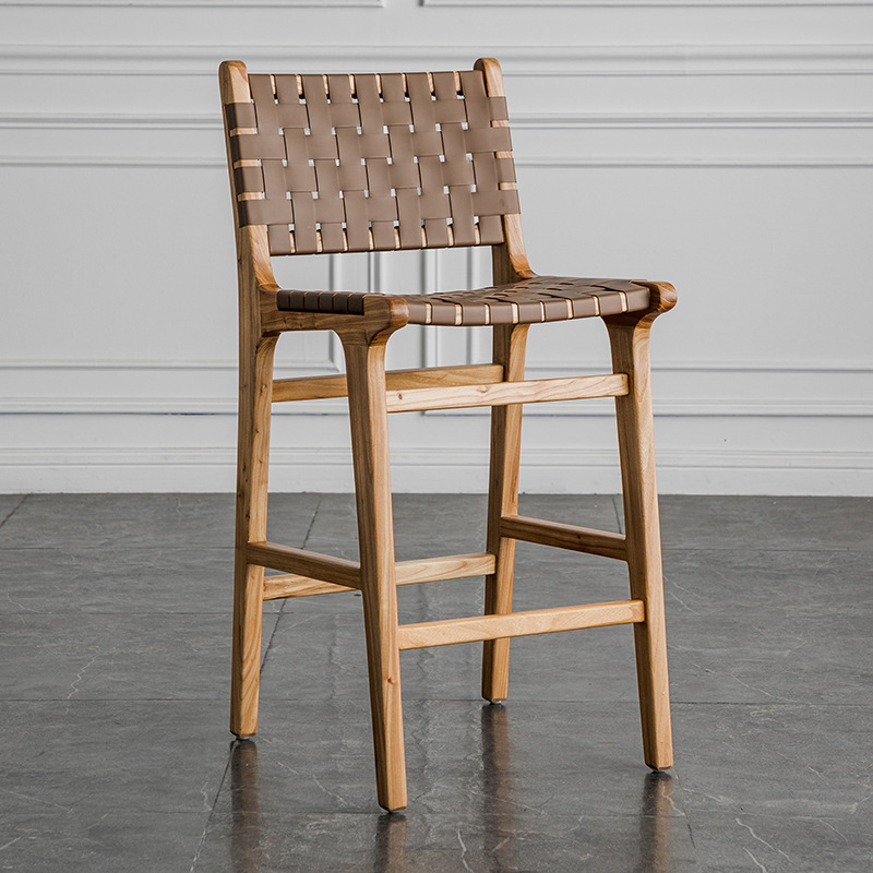 silla de bar de pies altos silla trenzada de cuerda de madera sólida silla de bar de cafeteria de alojamiento en casa silla de respaldo de cuero bar asiento de tarjeta