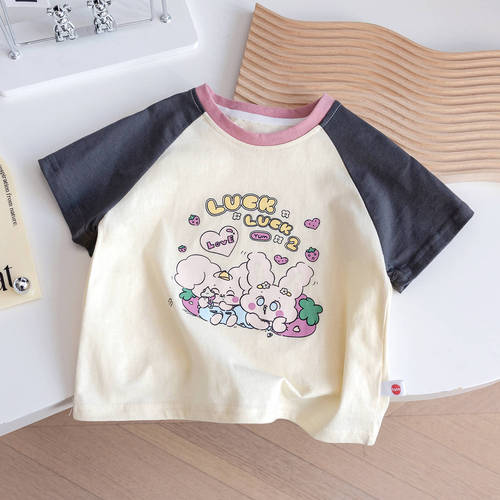 Summer baby girl cartoon outer wear printed T-shirt 2024 new cute and western style color matching versatile half-sleeved top