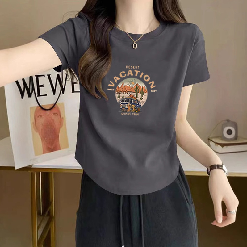 Vintage Grey T-Shirt Women's High-end Sense Slim-fit Western Style Shoulder Short-sleeved Short Women's Summer Curved Hem Top