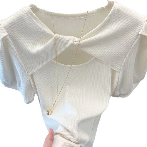 High-end European Station Green Short Sleeve T-shirt for Women, Summer Korean Version New Design Felt Minority Mind Game Bubbling Sleeve Top