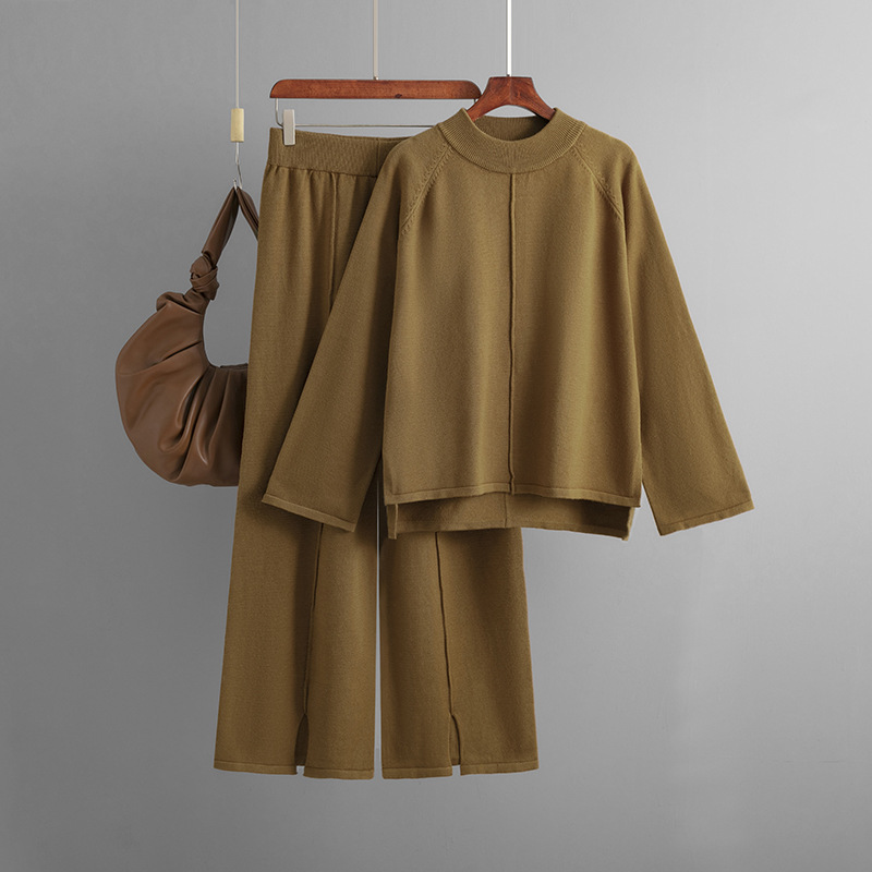 Women's clothing 2023 autumn and winter new loose solid color pullover sweater two-piece set with slits knitted wide-leg pants suit_voghion.com