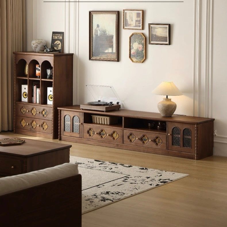 Song-Style Aesthetic North American Walnut Color Tv Cabinet French Living Room Storage Storage Cabinet Integrated Solid Wood Tv Cabinet