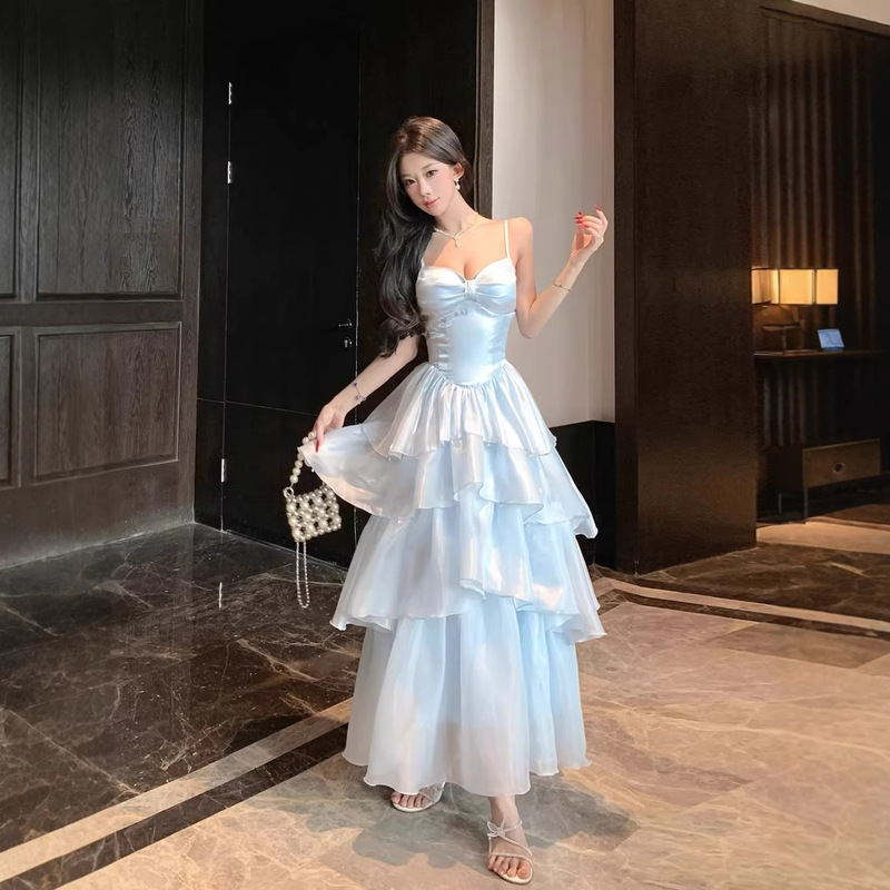 French-Style Blue Glossy Spaghetti Strap Cake Dress for Women, Birthday Dress, Waist-Cinching Slimming Beach Vacation Long Dress French-Style Blue Glossy Spaghetti Strap Cake Dress for Women, Birthday Dress, Waist-Cinching Slimming Beach Vacation Long Dress