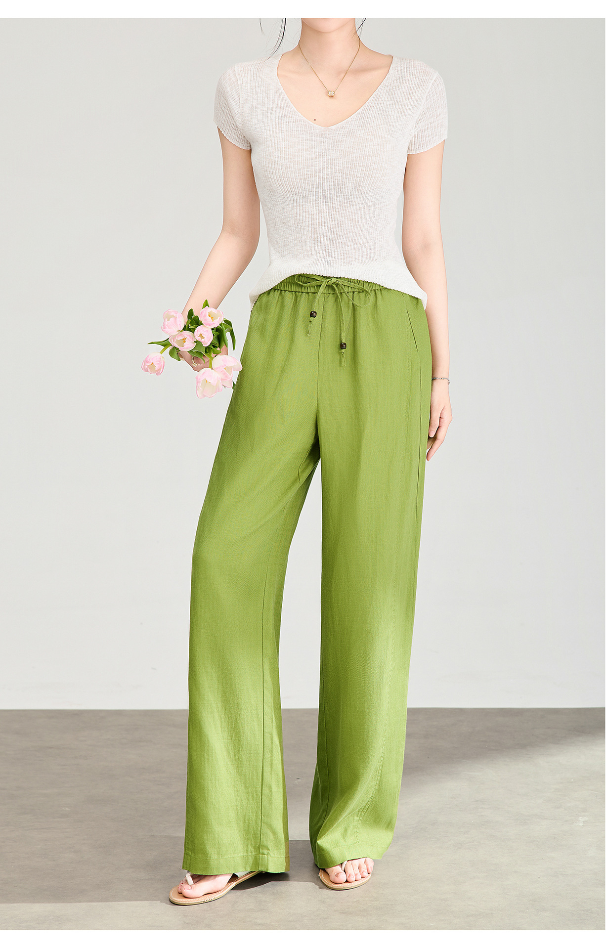 Quần culottes nữ ống rộng chất liệu linen phối lụa, cạp chun rút dây, dáng suông mềm mại — màu xanh táo chi tiết 15